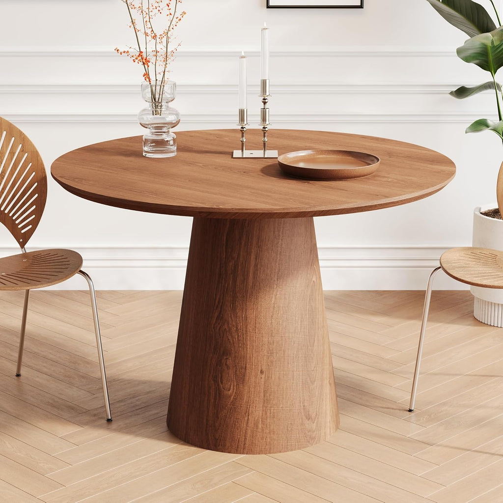43" Round Dining Table for 4,Modern Natural Wood Dining Table with Cone Wood Pedestal Base, Retro Farmhouse Solid Wood Circle Dining Room Table for Living Room Kitchen, Dining Room(Walnut)