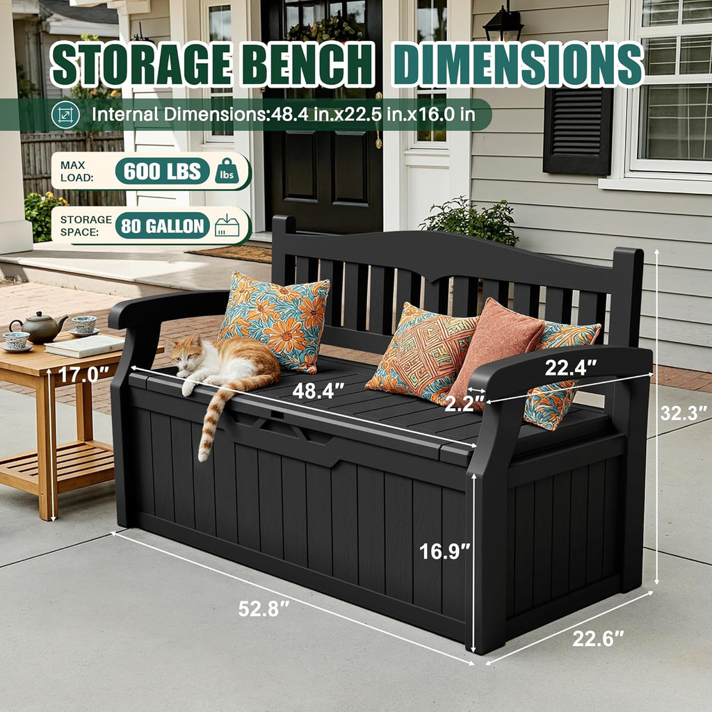 Black 80 Gallon Lockable Resin Deck Box Storage Bench, Waterproof Outdoor Storage Container for Patio Cushions, Garden Tools & Pool Supplies, Extra Patio Seating