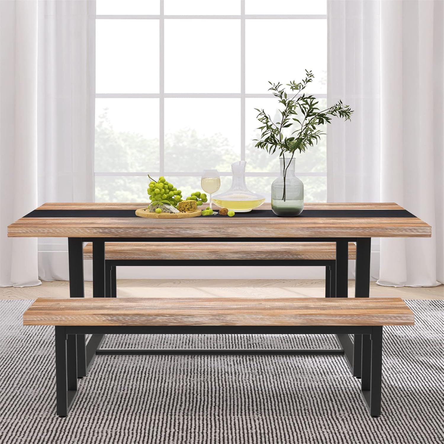 STHOUYN 59” Dining Bench Pair of 2 for 6-8 Person, Farmhouse Indoor Kitchen Table Benches, Bed Bench, Industrial Shoe Bench (Brown 2pcs)