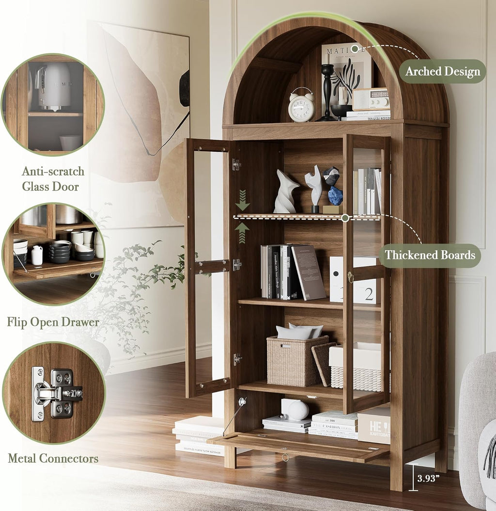 71” Tall Arched Kitchen Pantry Cabinet, Modern Farmhouse Hutch Storage Cabinets with Large Drawer and Glass Doors for Kitchen, Dining Room, Living Room, Natural