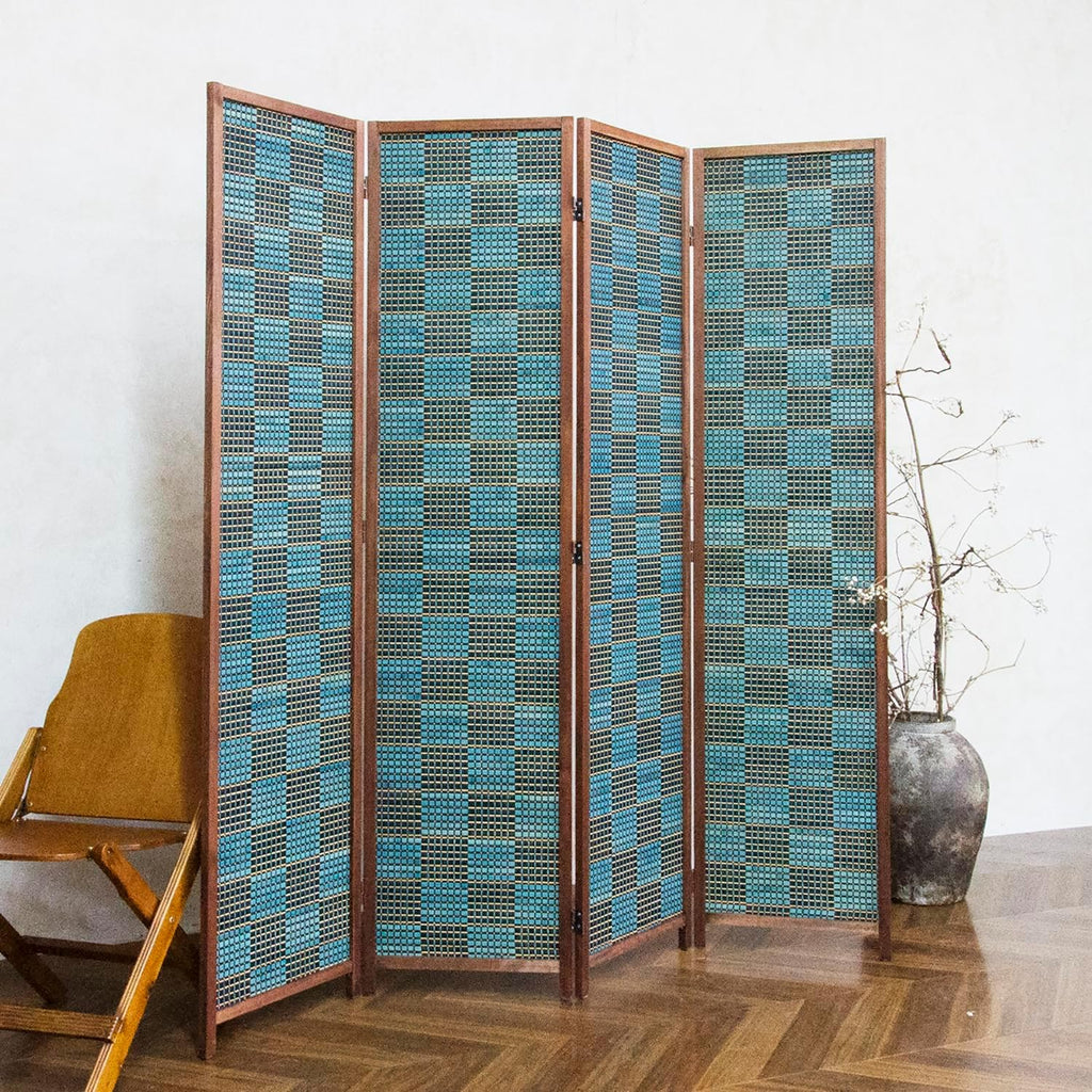 4 Panel Bamboo Room Divider, 5.6 ft Tall Double-Sided Folding Privacy Screen - Freestanding Partition Wall for Home Office, Modern Blue Checker Texture