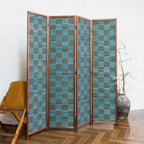4 Panel Bamboo Room Divider, 5.6 ft Tall Double-Sided Folding Privacy Screen - Freestanding Partition Wall for Home Office, Modern Blue Checker Texture