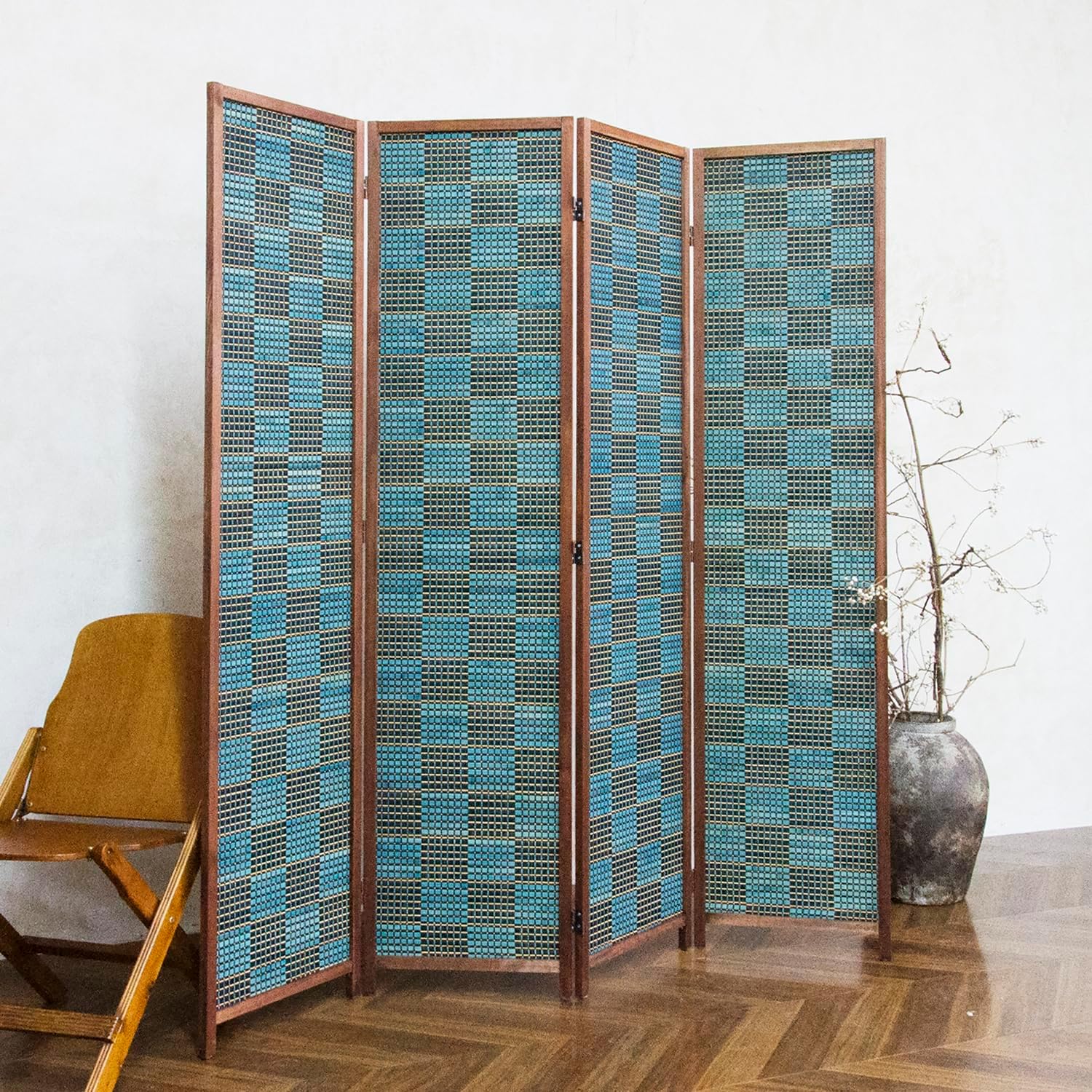 4 Panel Bamboo Room Divider, 5.6 ft Tall Double-Sided Folding Privacy Screen - Freestanding Partition Wall for Home Office, Modern Blue Checker Texture