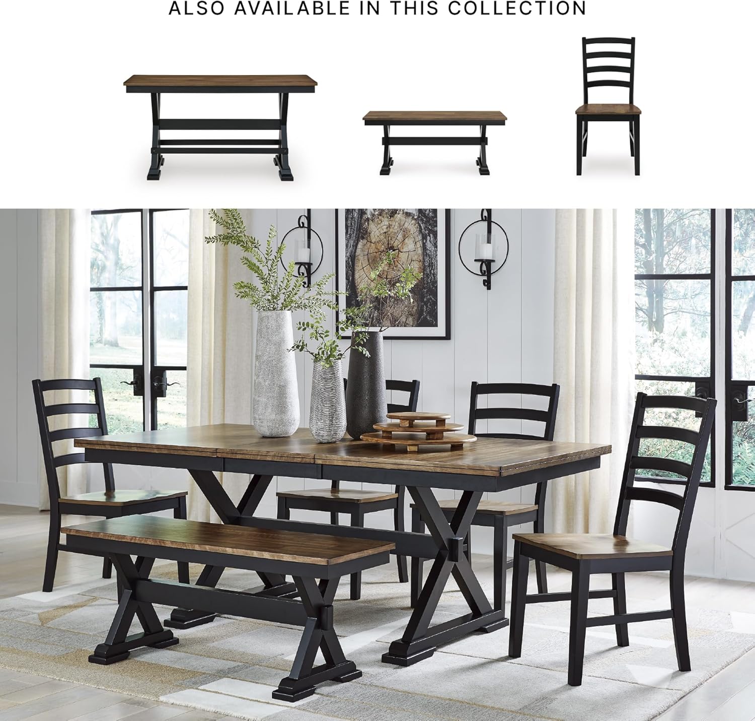 Signature Design by Ashley Wildenauer Dining Chairs Set of 2, Modern Ladderback Dining Chairs with Solid Wood Frame, Two-Tone Finish, Contoured Seat, Black/Brown