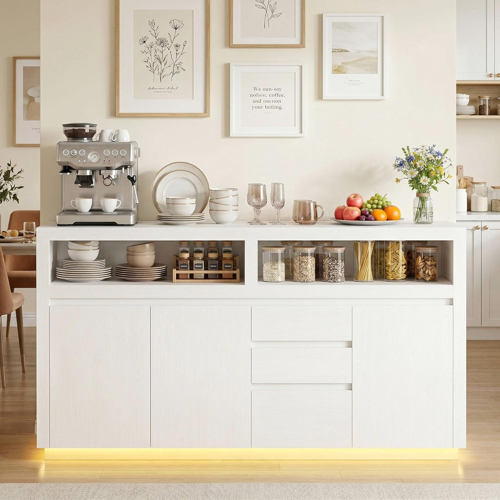 FOTOSOK 63" Sideboard Buffet Cabinet with Storage, Modern Kitchen Buffet Cabinet with Drawer, Kitchen Storage Cabinet with Power Outlet & LED Light, Coffee Bar Cabinet for Kitchen, Living Room, White