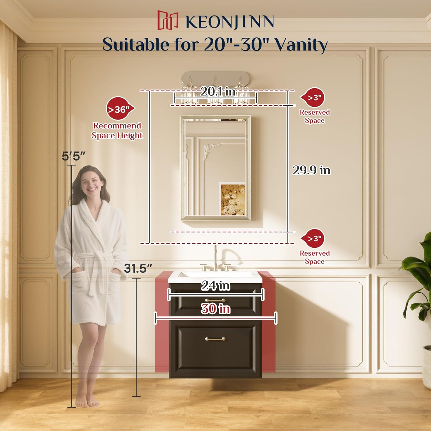 Keonjinn 20" x 30" Brushed Nickel Bathroom Mirrors for Over Sink, Silver Vanity Mirror for Wall, Thick Metal Framed, Beveled Edge Tempered Glass, Modern Farmhouse Rectangle Mirror for Bathroom Decor