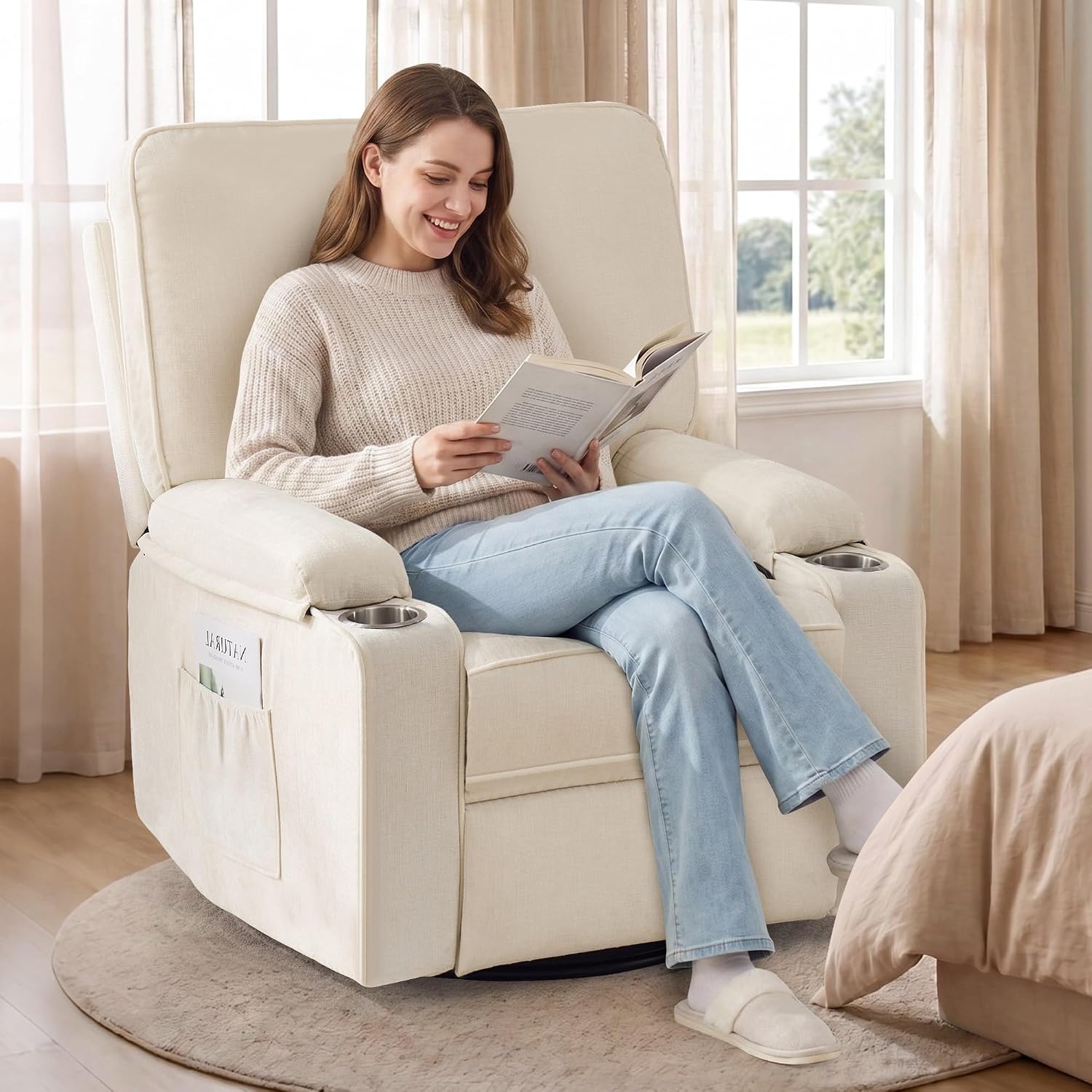 Korser Recliner Chair, Nursery Rocking Chairs for Adults, 360° Swivel Rocker Recliner with Cup Holder, Overstuffed Glider Rocking Chair for Living Room, Manual Recliner with Side Pockets, Chenille