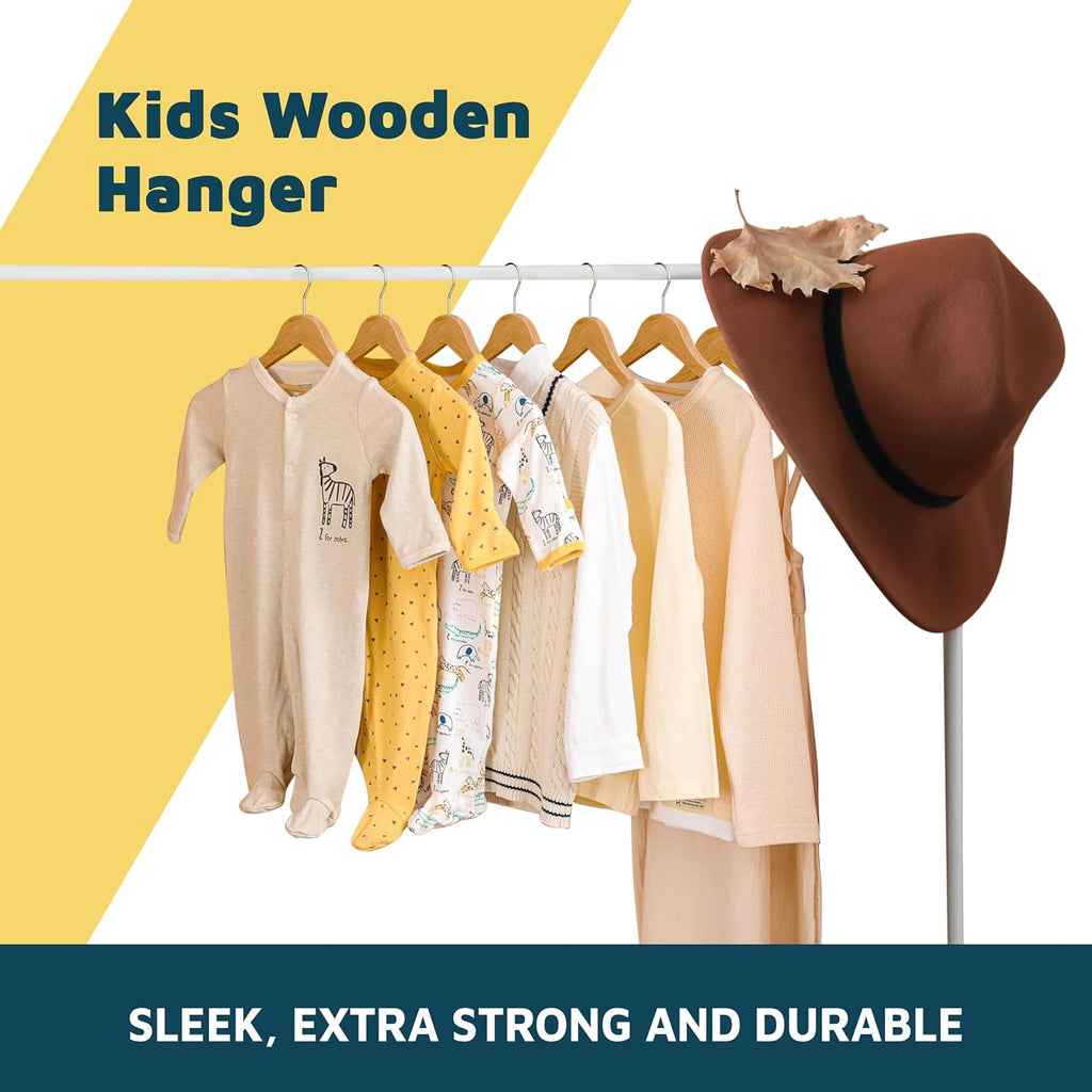 Natural Color Wooden Kids Hangers 100 Pack, Toddler & Baby Wooden Hangers, 11.8" Solid Maple Wood with 360° Swivel Hook, Pants Bar & Notches, Up to 7.7lb Capacity, Space-Saving Design for Ages 0–8