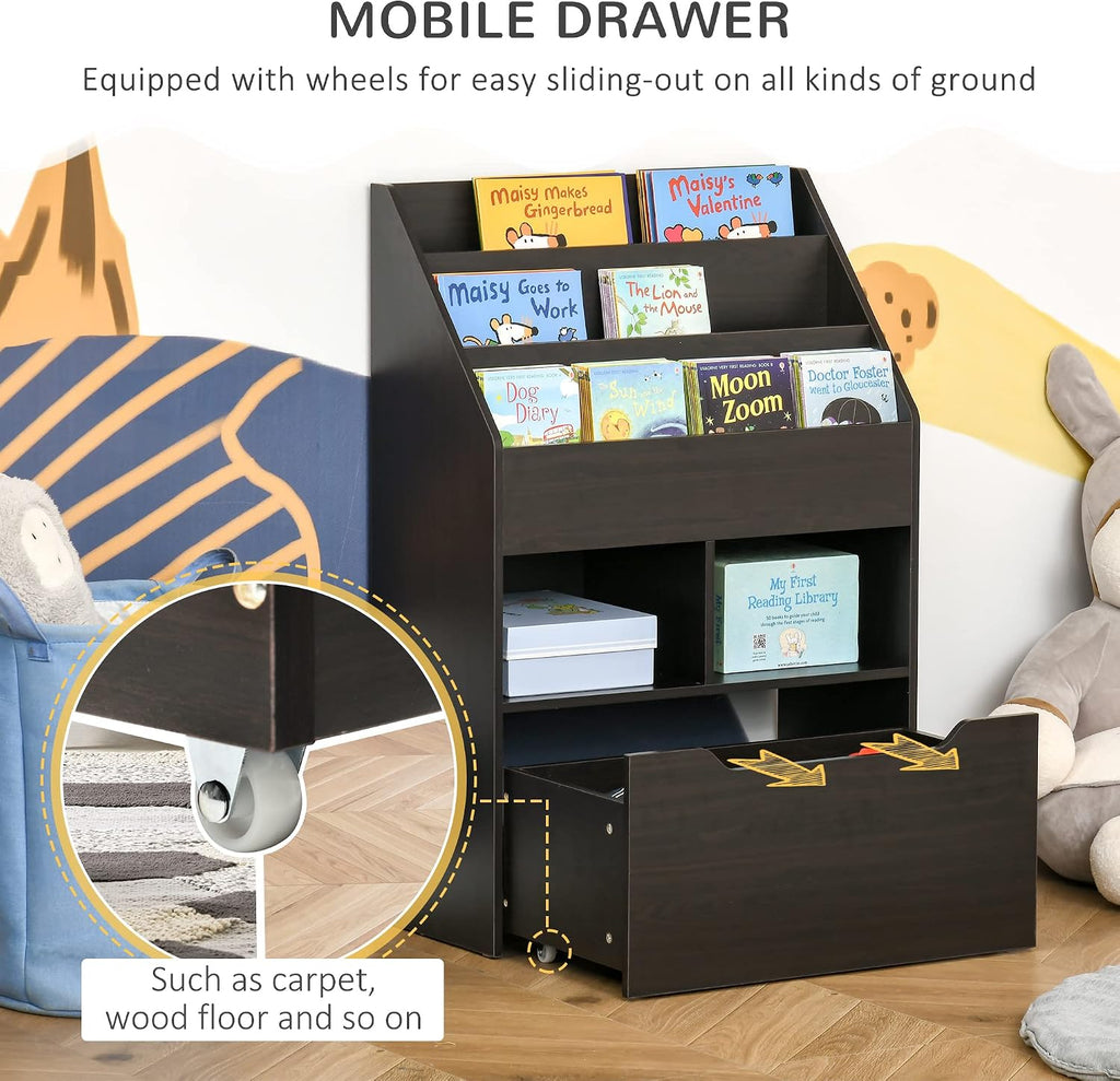 Bookcase Multi Shelf Rack Organizer with Storage Drawer for Books, Playroom, Brown