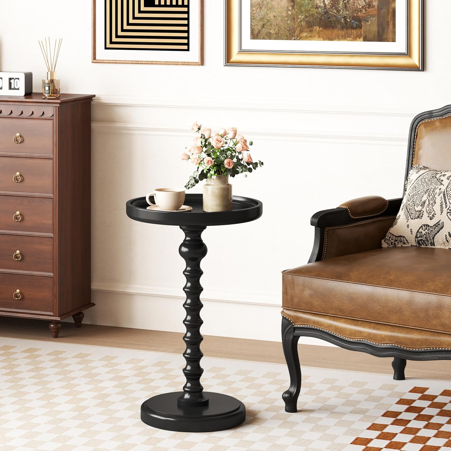 Yusong Round Side Table, Drink Table for Small Spaces, Mid-Century Accent End Table Nightstand Bedside Table for Living Room, Bedroom, Corners, and Office, Black