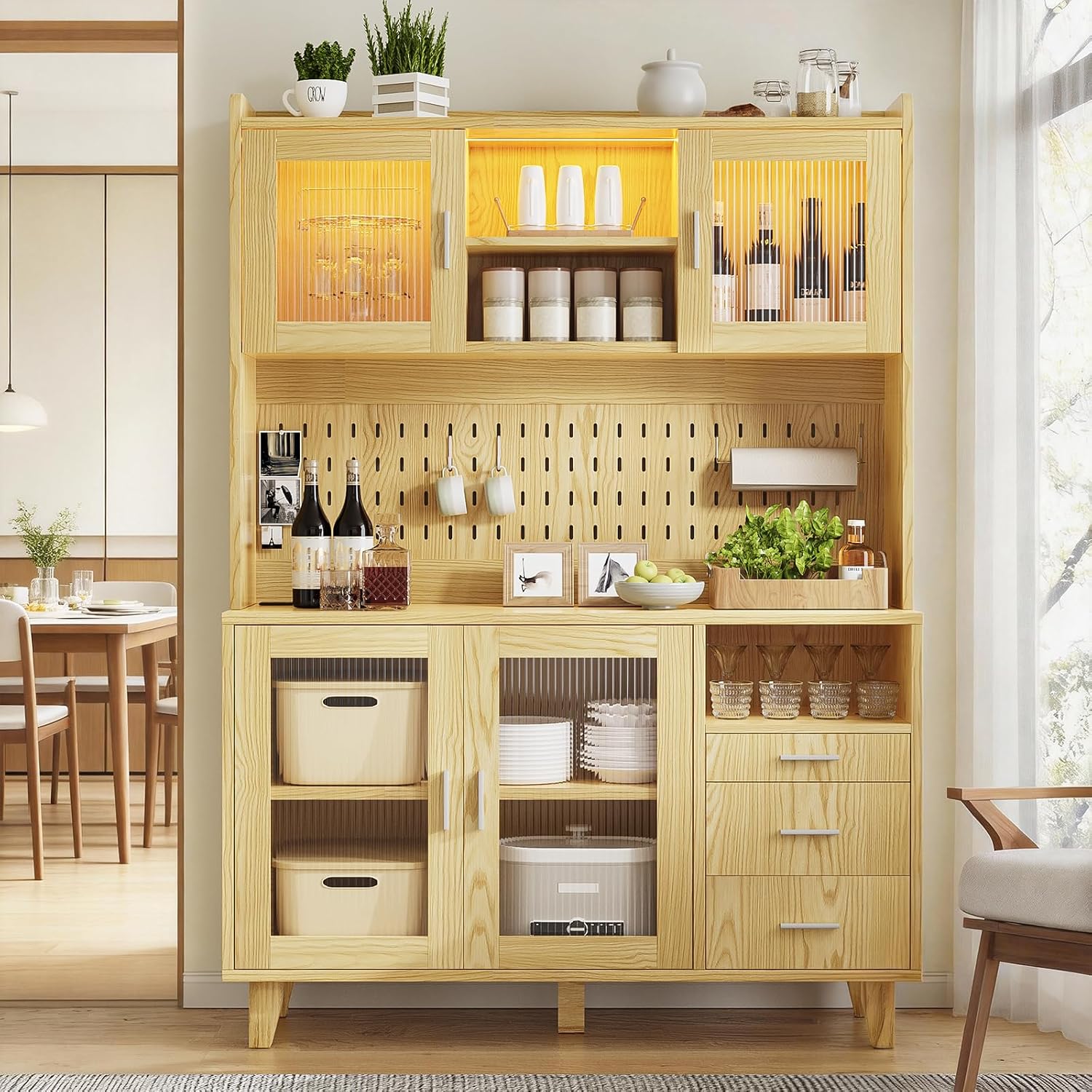 FUXA Kitchen Pantry Storage Cabinet with Charging Station, 71" Tall Kitchen Storage Hutch with LED Light, Farmhouse Pantry Cabinet with Custom Pegboard for Living Room, Dining Room