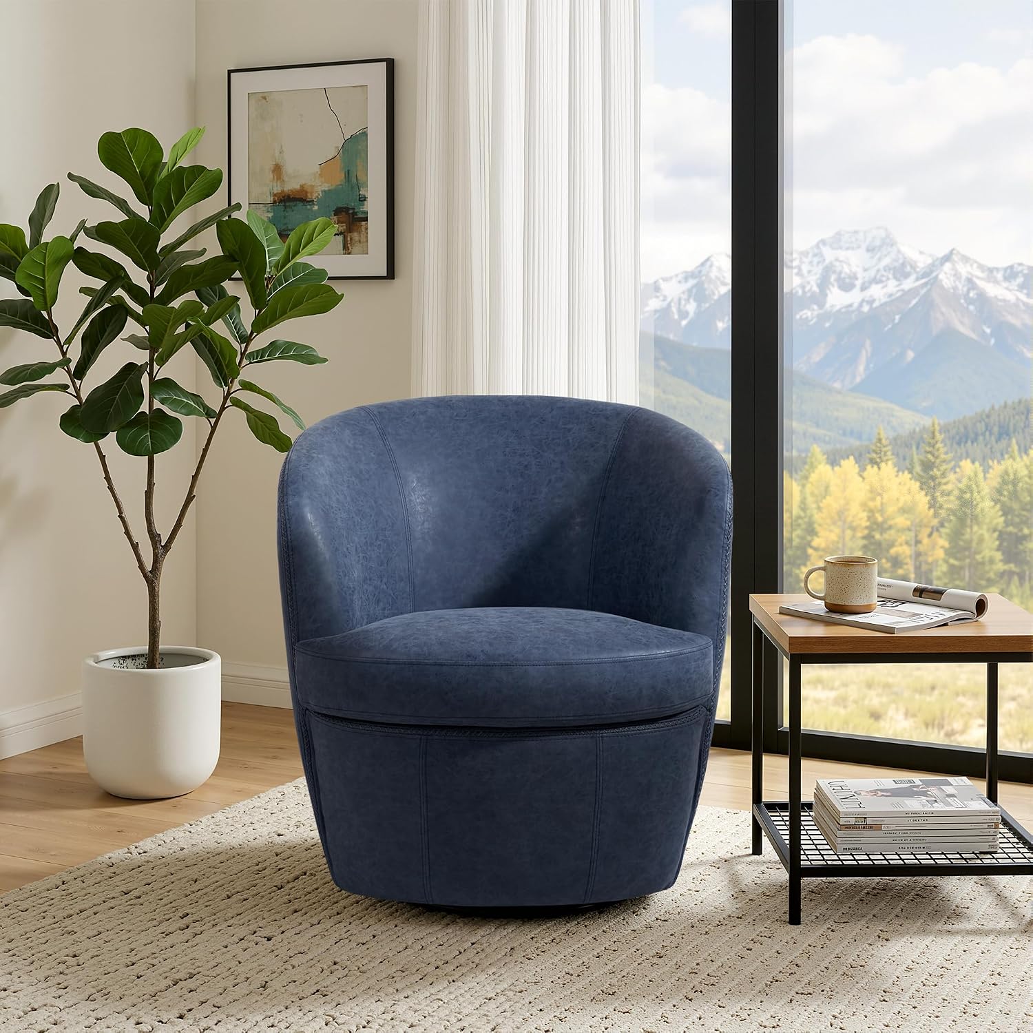Swivel Accent Chair, Faux Leather Barrel Chair Upholstered Armchair for Living Room, Modern Round Arm Club Chair with Metal Base - Navy Blue, Set of 1