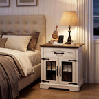 23.6" W Farmhouse End Table with Hidden Charging Station,Farmhouse Side Table with Drawer for Sofa Couch or Bedside, Rustic Nightstand with Storage for Living Room, Bedroom (Off White)