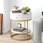 SUNBURY 19.7" Round Side Table with Drawer, Modern Faux Marble End Table with Open Storage Shelf, Gold Metal Frame Sofa Table for Living Room, Office, and Small Spaces, White & Gold