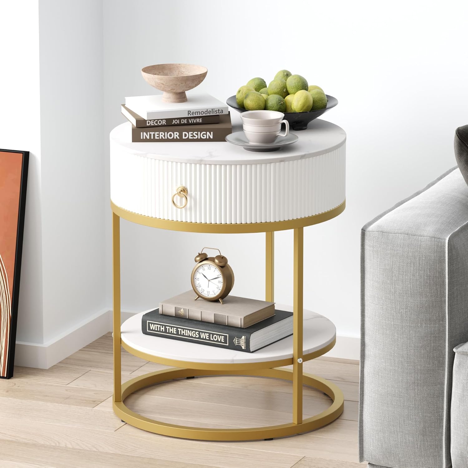 SUNBURY 19.7" Round Side Table with Drawer, Modern Faux Marble End Table with Open Storage Shelf, Gold Metal Frame Sofa Table for Living Room, Office, and Small Spaces, White & Gold