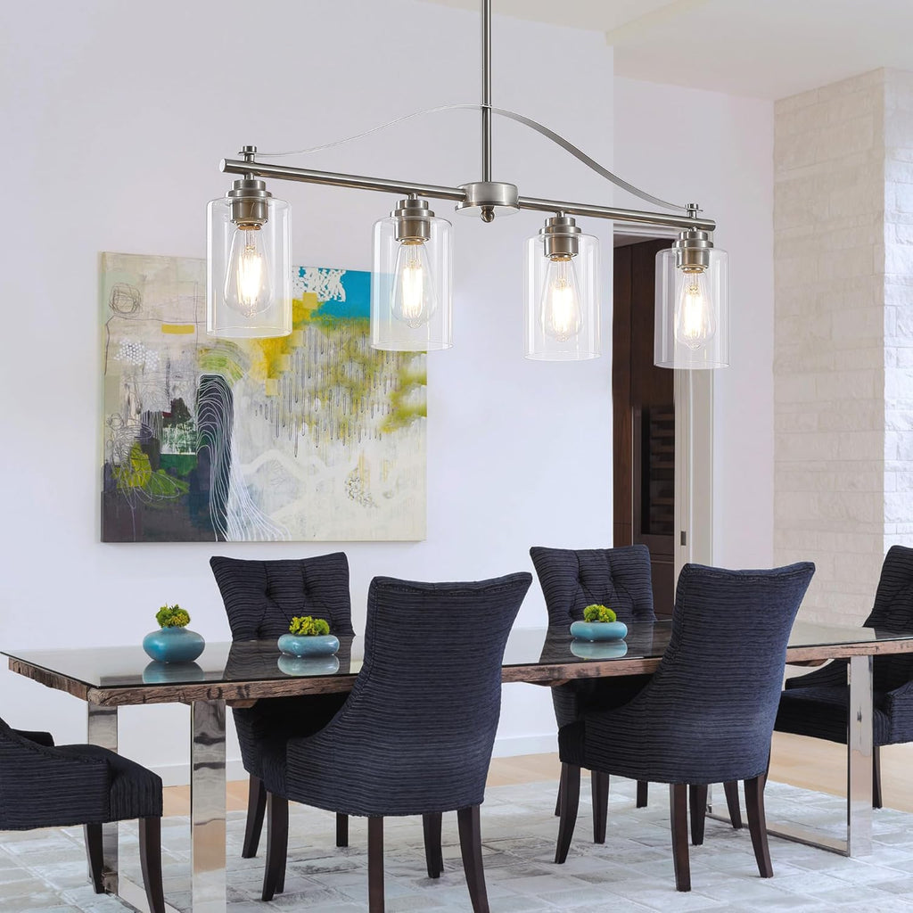Island Light for Kitchen, 4-Light Linear Chandelier Pendant Lighting for Kitchen Island, Brushed Nickel Dining Room Light Fixture Over Table with Clear Glass Shades