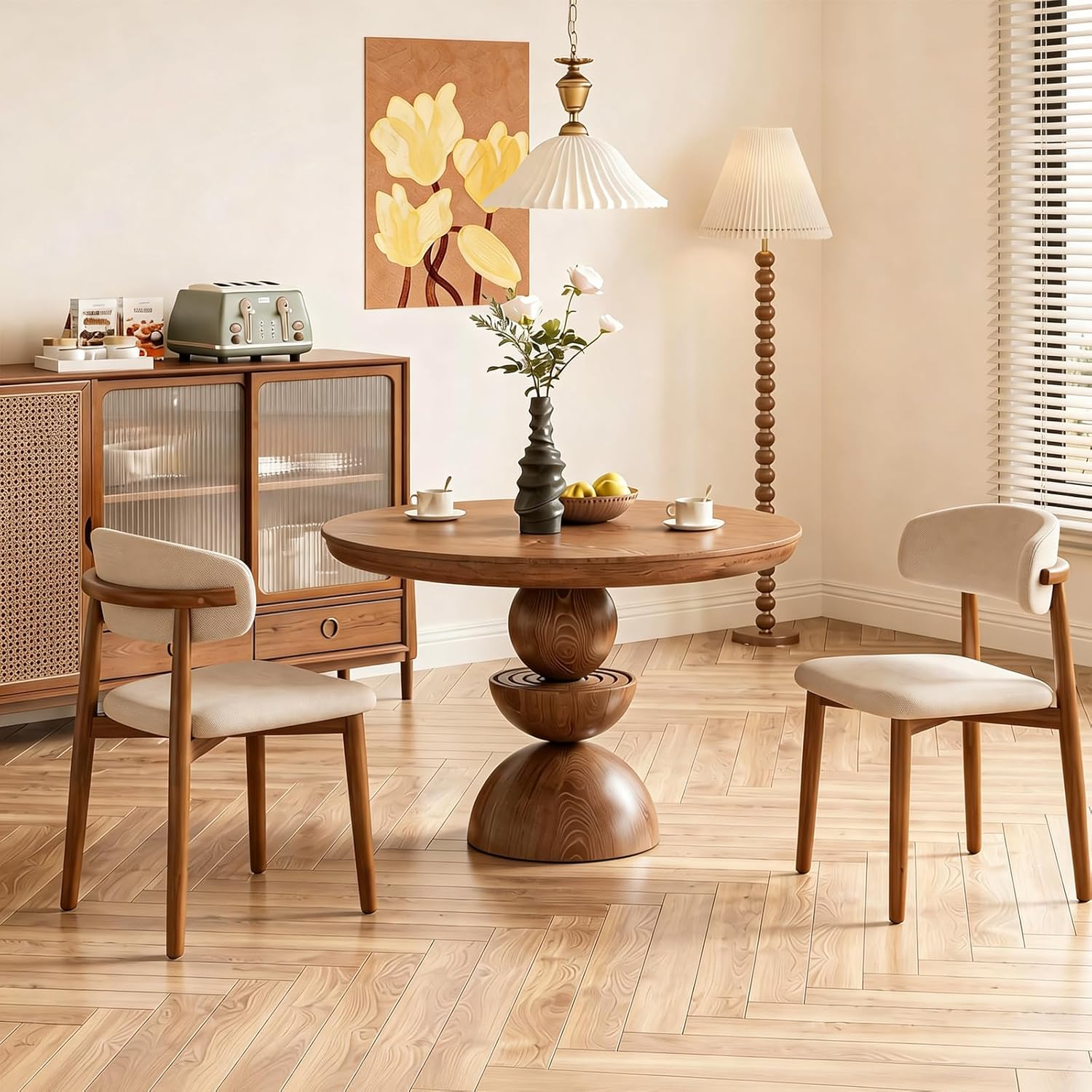 Wooden Dining Chairs Set of 2 Mid Century Modern Upholstered Farmhouse Dining Room Chair with Solid Wood Legs, Fabric Kitchen Side Chairs with Ergonomic Curved Backrest