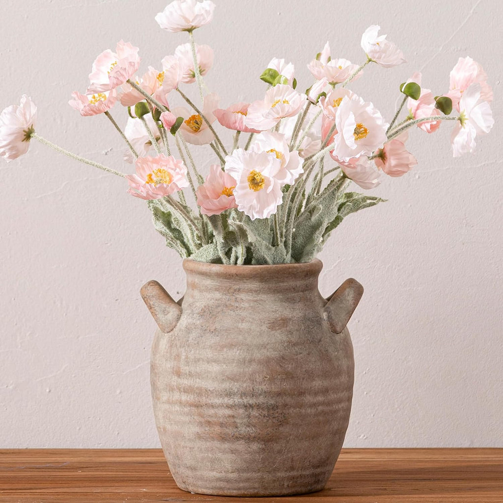 Vanselia Ceramic Flower Vase Home Decor - Farmhouse Table Vases with Handle Living Room Decoration Vintage Decorative Aesthetic for Shelf Coffee Dining Desk House Bookshelf Fireplace (7.1" Retro)