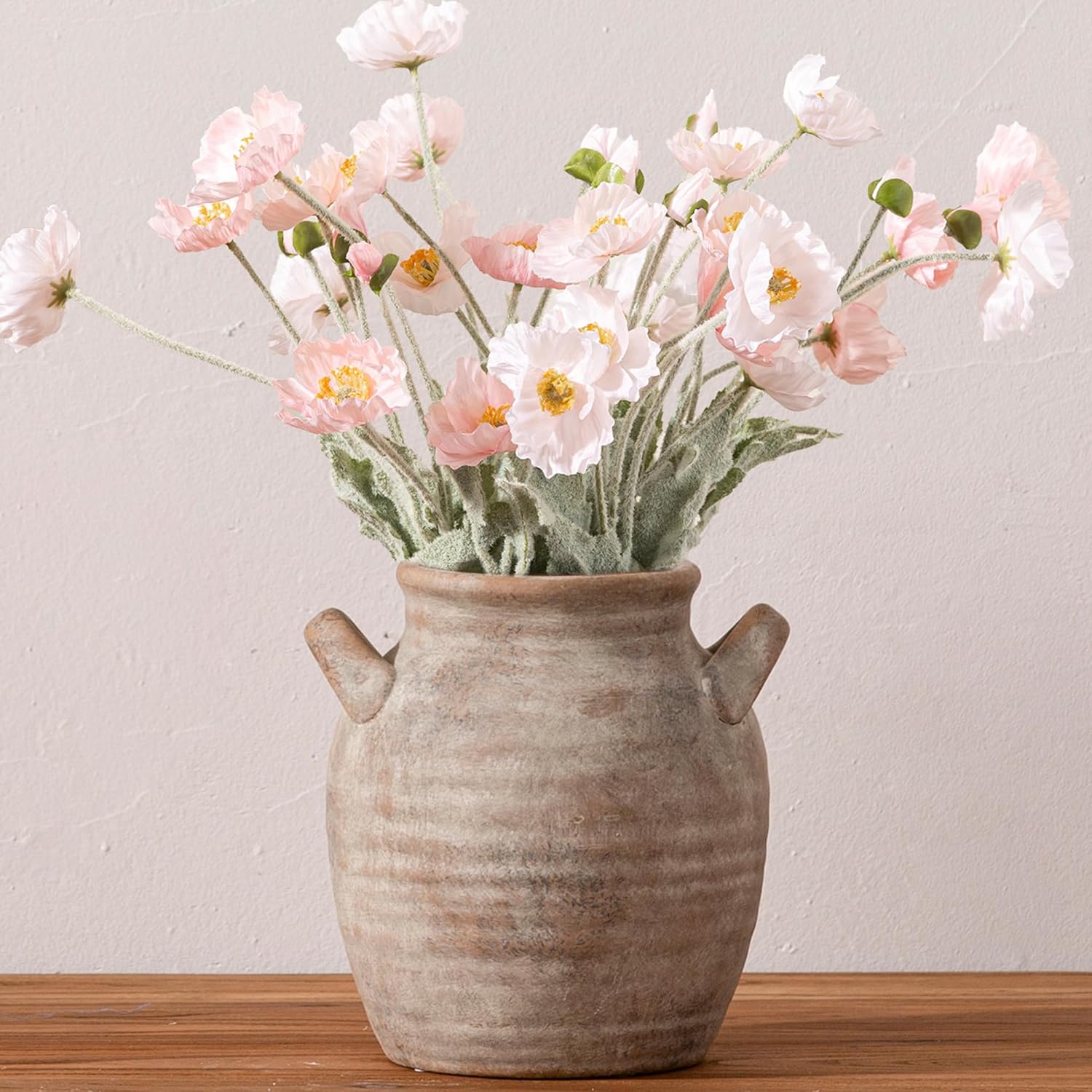 Vanselia Ceramic Flower Vase Home Decor - Farmhouse Table Vases with Handle Living Room Decoration Vintage Decorative Aesthetic for Shelf Coffee Dining Desk House Bookshelf Fireplace (7.1" Retro)