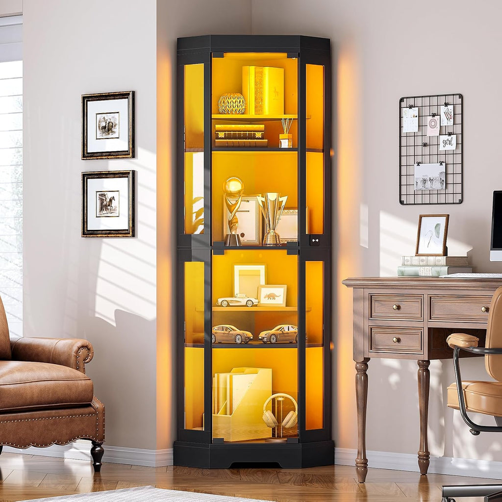 HOOBRO Corner Display Cabinet with Glass Doors，67.9" Glass Display Cabinet with LED Lights, 6-Tier Curio Cabinets for Collectibles, Books, Modern Display Case Corner Bookcase, Black BK02DDC01