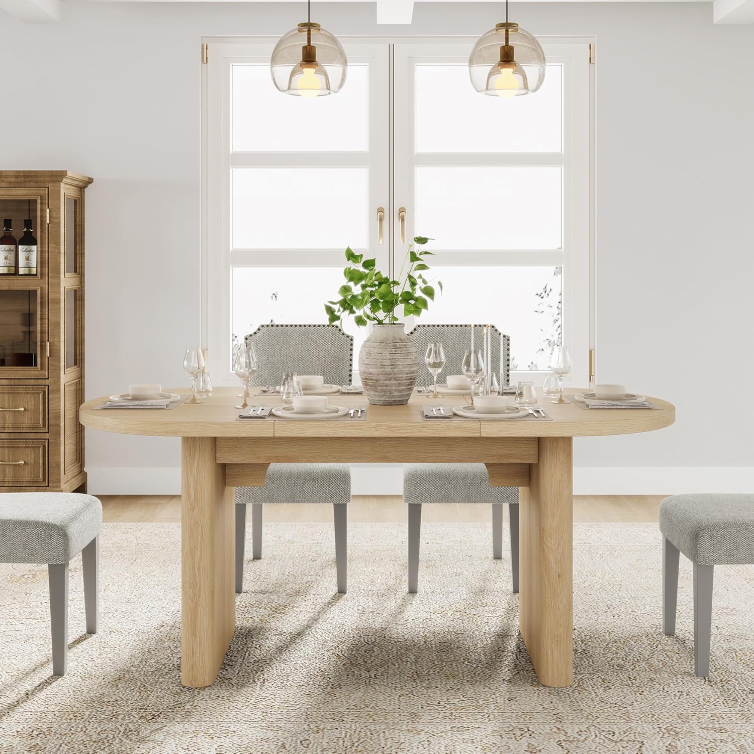 GarveeHome Oval Dining Table for 6-8 People, Long Large Kitchen Table with Thick Sturdy Wooden Base, Farmhouse Dining Room Table for for Kitchen, Living Room, Office (63" Long,Natural)