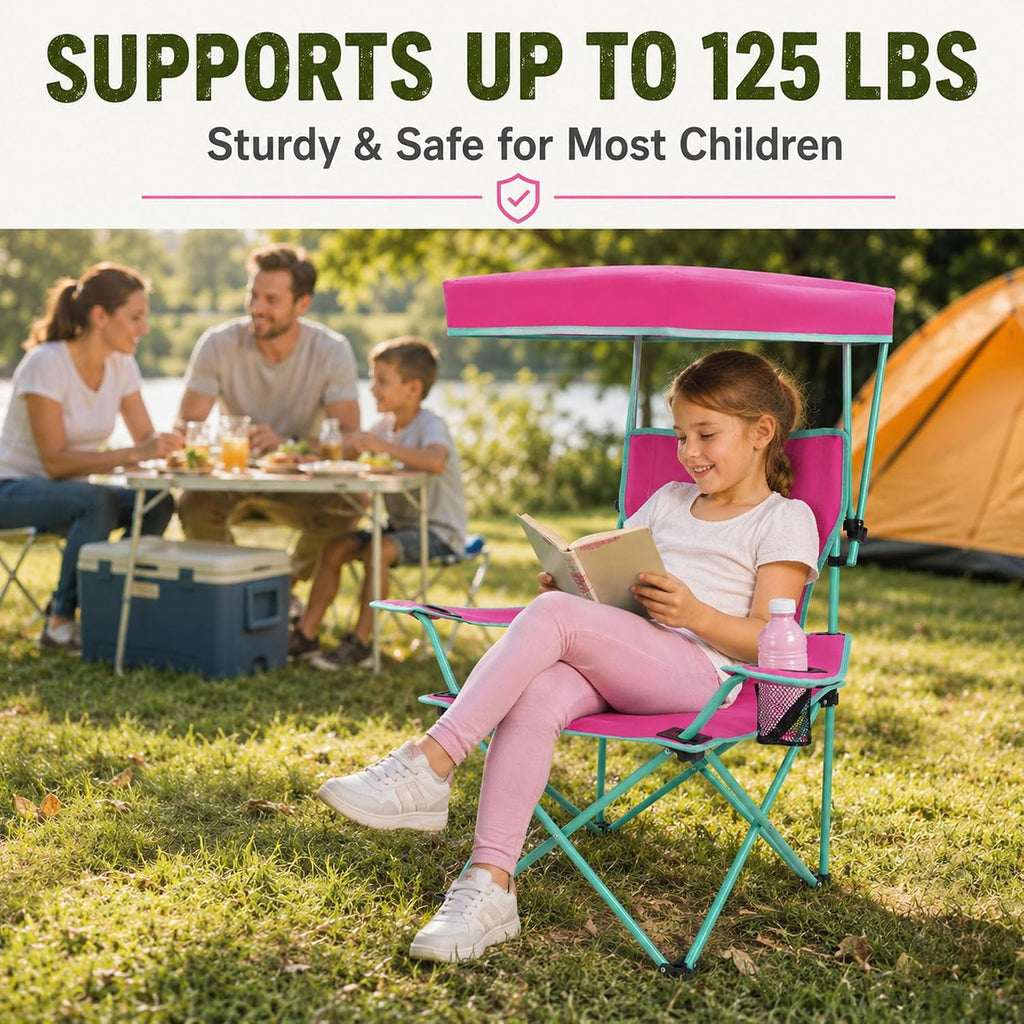 Kids Folding Canopy Chair with Safety Lock, 125 lb Capacity, Pink/Green | Portable kids canopy chair with safety lock, cup holder, and foldable frame for beach, lawn, camping, and sports sidelines.