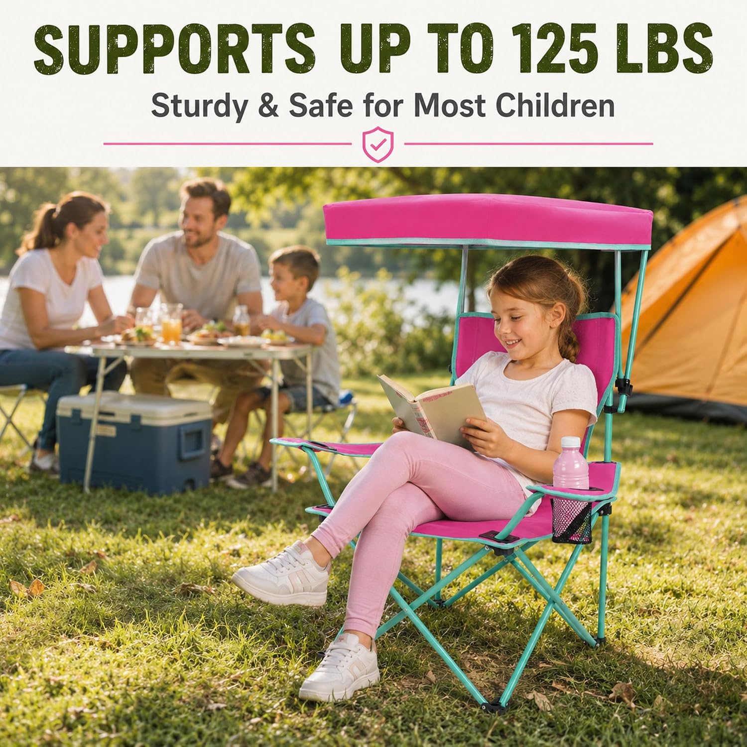 Kids Folding Canopy Chair with Safety Lock, 125 lb Capacity, Pink/Green | Portable kids canopy chair with safety lock, cup holder, and foldable frame for beach, lawn, camping, and sports sidelines.