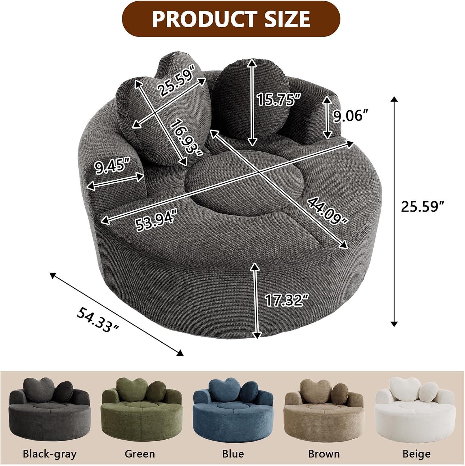 (New) Round Boneless Chair Lounger Indoor, Circle Couch With 2 Pillows for Living Room, Cozy Cuddle Chair In a Box With Curved Armrest And Backrest, Heart Shaped, No Assambly Needed (Gray Black)