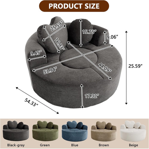 (New) Round Boneless Chair Lounger Indoor, Circle Couch With 2 Pillows for Living Room, Cozy Cuddle Chair In a Box With Curved Armrest And Backrest, Heart Shaped, No Assambly Needed (Gray Black)