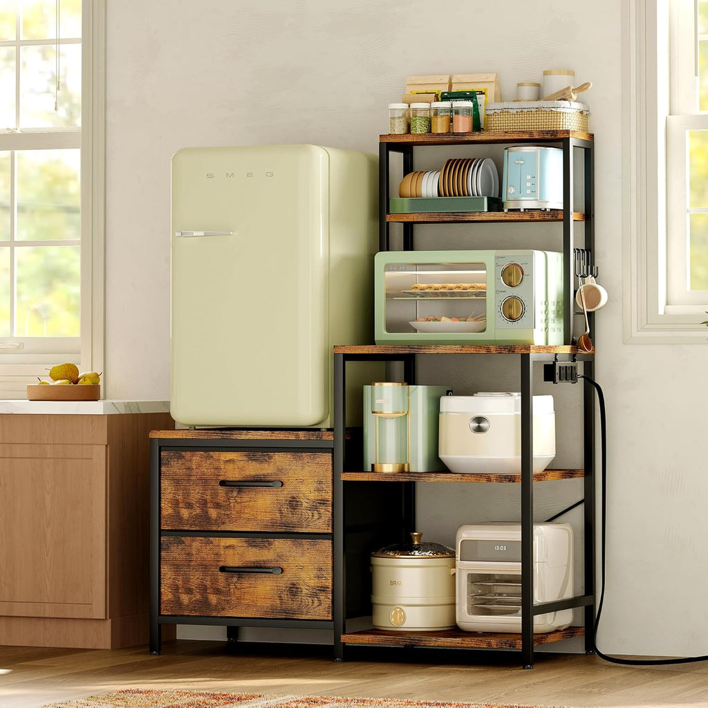 Homeiju Mini Fridge Stand Coffee Bar Cabinet with 5 Storage Shelves and 2 Large Drawers, Baker Rack with Power Outlet, Mini Fridge Shelf for Kitchen, Living Room, Office, Rustic Brown