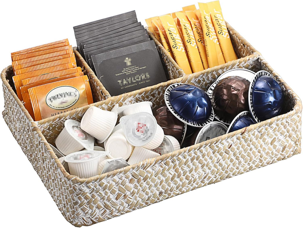 Hipiwe 4-Section Snacks Basket Serving Tray Wicker Divided Tea Bag Basket | Handwoven Seagrass Coffee Pod Organizer Sugar Packet Holder Basket Bin for Shelf Coffee Bar, Whitewash