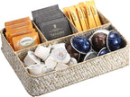 Hipiwe 4-Section Snacks Basket Serving Tray Wicker Divided Tea Bag Basket | Handwoven Seagrass Coffee Pod Organizer Sugar Packet Holder Basket Bin for Shelf Coffee Bar, Whitewash