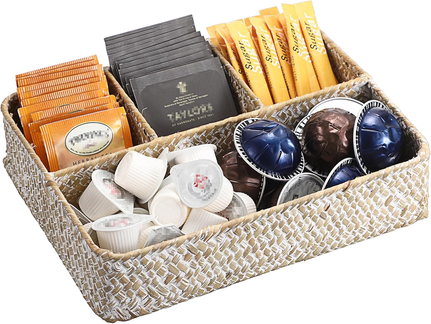 Hipiwe 4-Section Snacks Basket Serving Tray Wicker Divided Tea Bag Basket | Handwoven Seagrass Coffee Pod Organizer Sugar Packet Holder Basket Bin for Shelf Coffee Bar, Whitewash