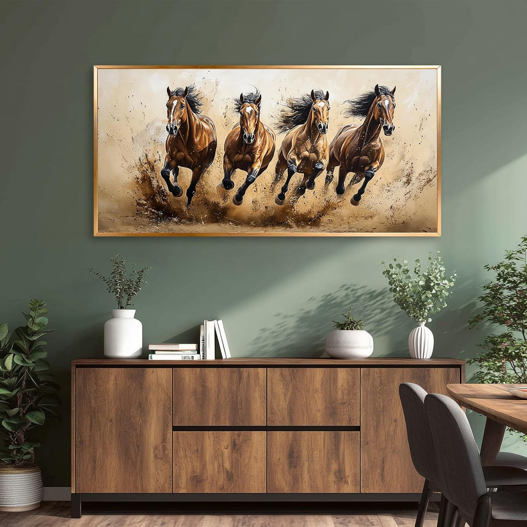 Azatyam Running Horse Wall Art Wild Horses Western Canvas Prints Brown Galloping Stallion Animal Picture Large Nature Artwork for Living Room Bedroom Office Home Decor Aluminum Alloy Frame 28" x 58"