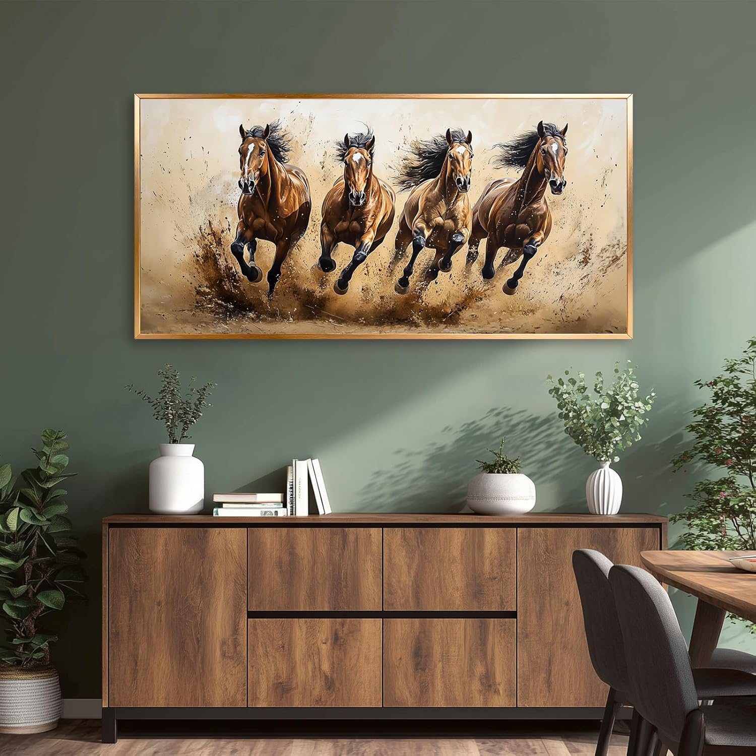 Azatyam Running Horse Wall Art Wild Horses Western Canvas Prints Brown Galloping Stallion Animal Picture Large Nature Artwork for Living Room Bedroom Office Home Decor Aluminum Alloy Frame 28" x 58"