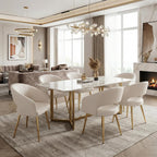 Modern Dining Chairs Set of 6, Upholstered PU Leather Dining Room Chairs with Gold Metal Legs, Accent Kitchen Chairs with Curved Backrest for Living Room, Cream