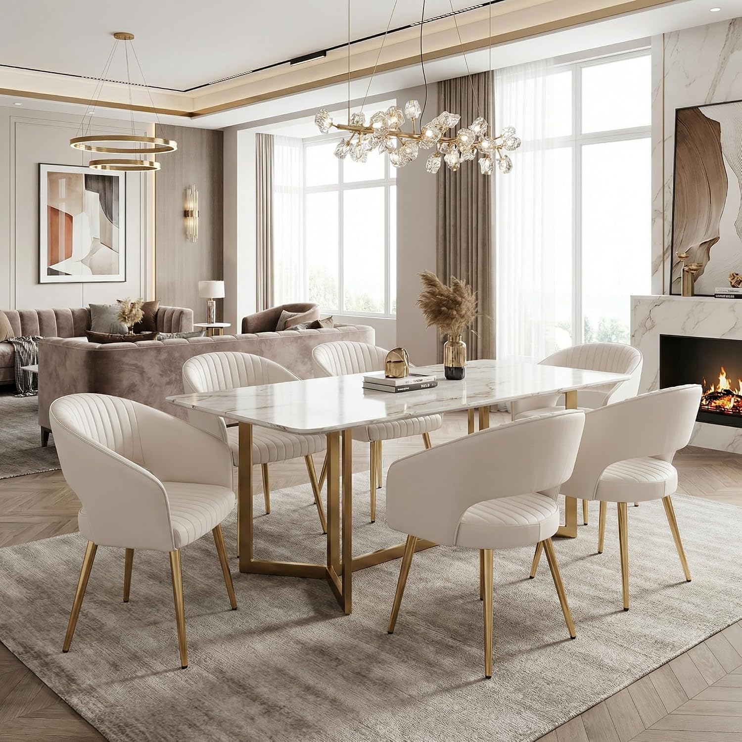 Modern Dining Chairs Set of 6, Upholstered PU Leather Dining Room Chairs with Gold Metal Legs, Accent Kitchen Chairs with Curved Backrest for Living Room, Cream
