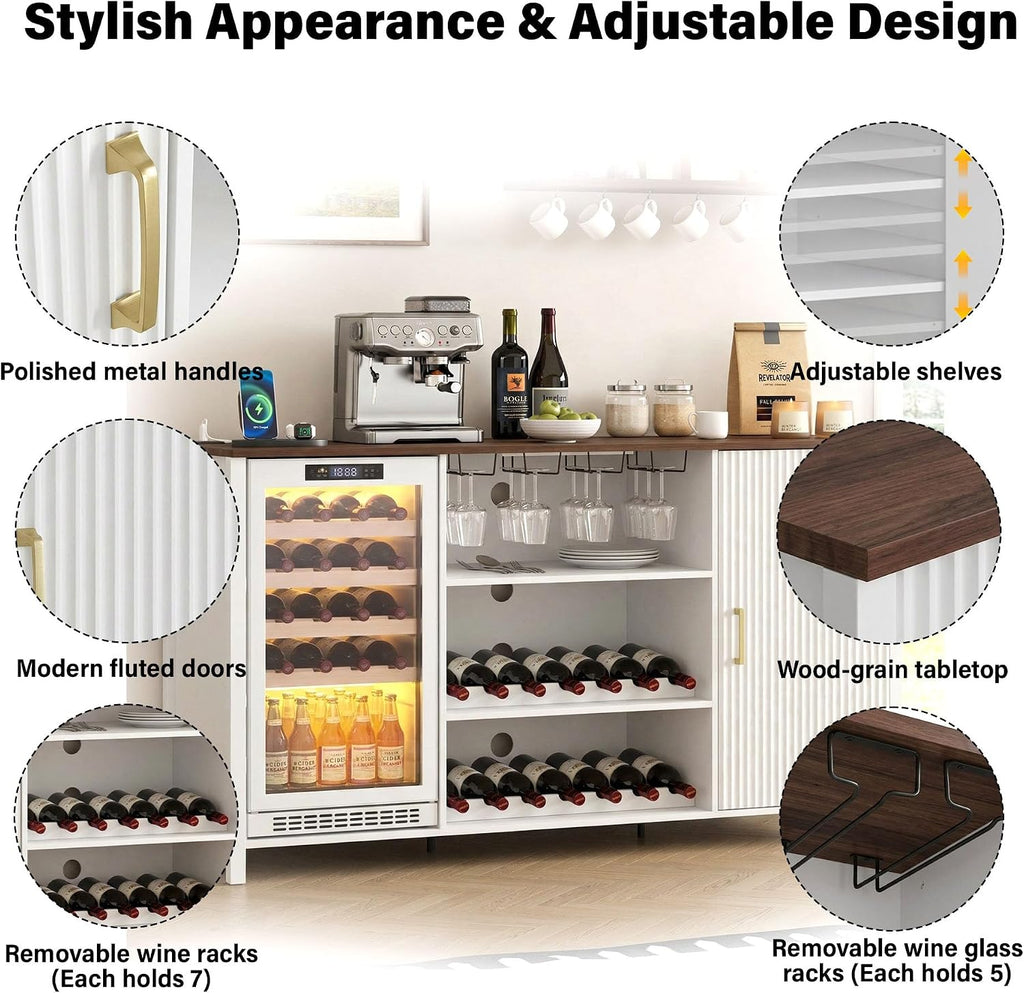 70" Large Coffee Bar Cabinet with Power Outlet, Mini Fridge Cabinet with Adjustable Shelf Wine Rack Glass Holder Liquor Wine Bar Storage, White Fluted Buffet Sideboard Table for Kitchen Dining Room