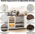 70" Large Coffee Bar Cabinet with Power Outlet, Mini Fridge Cabinet with Adjustable Shelf Wine Rack Glass Holder Liquor Wine Bar Storage, White Fluted Buffet Sideboard Table for Kitchen Dining Room
