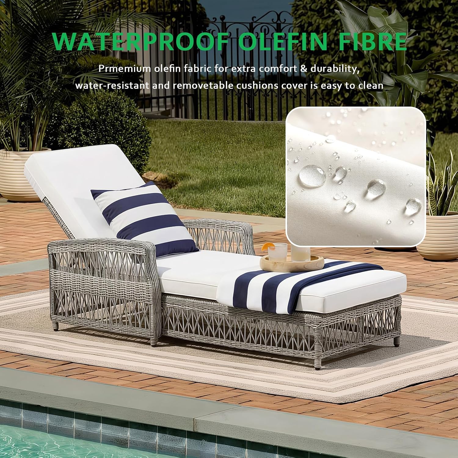 Wicker Chaise Lounge Set of 2, Outdoor Patio Lounge Chair with Adjustable Backrest, Side Shelf and Cushions for Poolside, Garden, Yard, Beige
