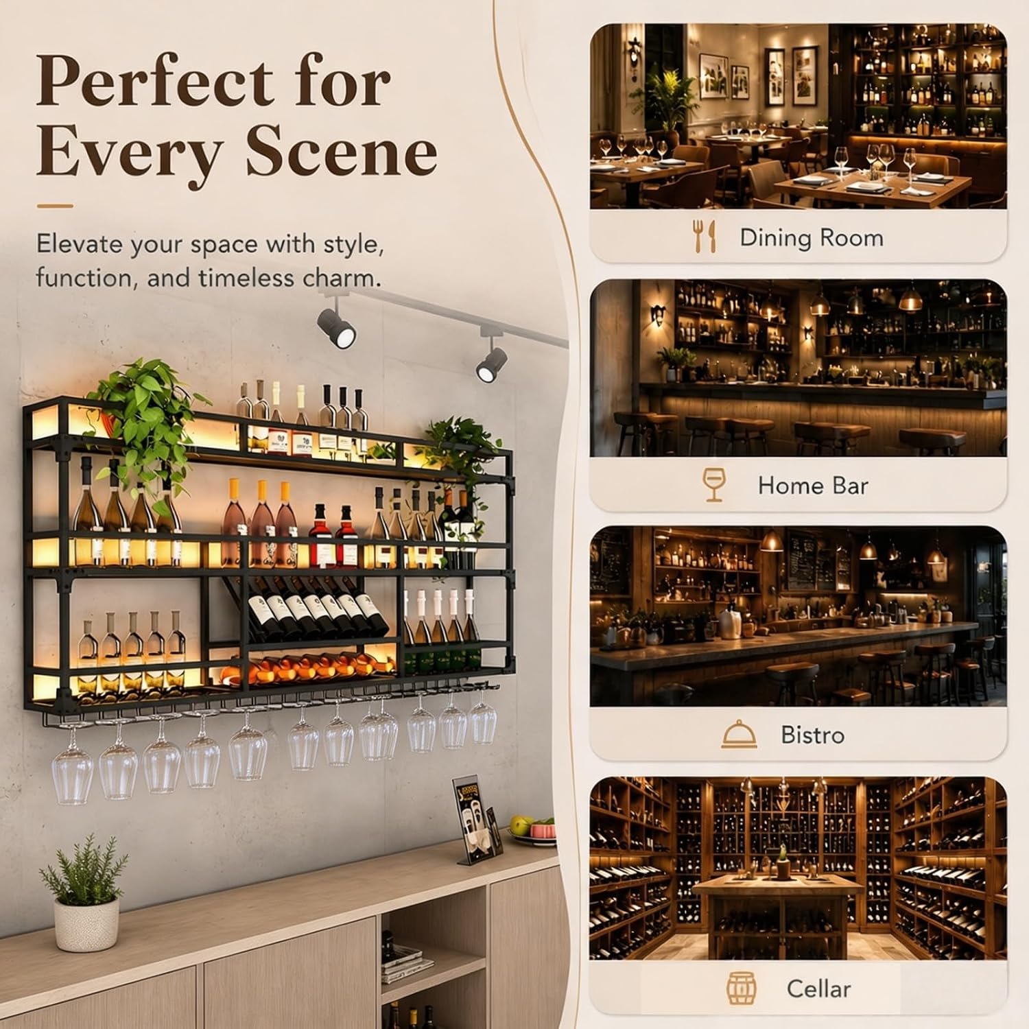 59Inch Metal Wall-Mounted Wine Rack with LED Light - 3 Tier Wine Storage Display Rack with Glass Holder - Space-Saving Bottle Display Shelf for Home Bars, Dining Rooms, Black
