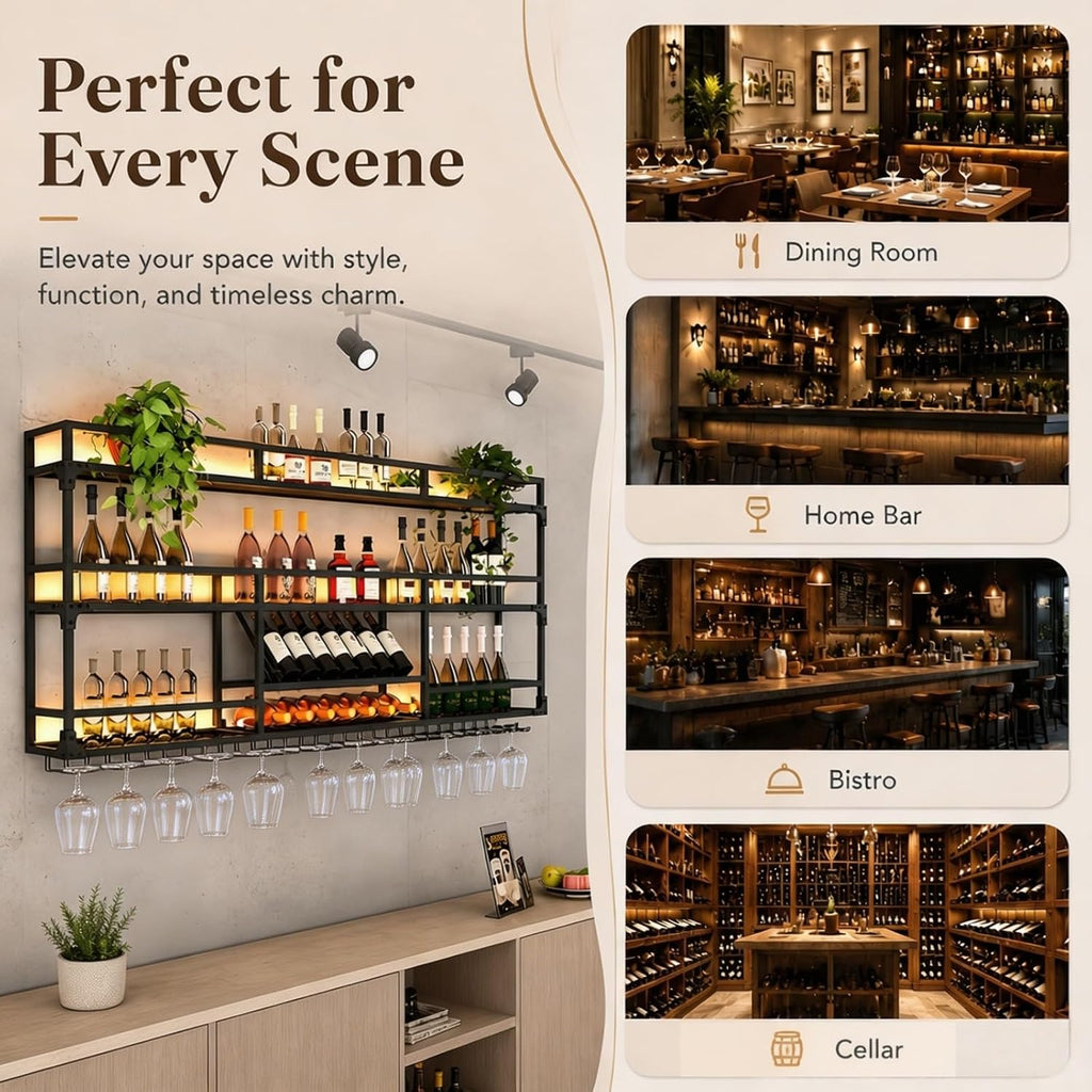 31Inch Metal Wall-Mounted Wine Rack with LED Light - 3 Tier Wine Storage Display Rack with Glass Holder - Space-Saving Bottle Display Shelf for Home Bars, Dining Rooms, Black