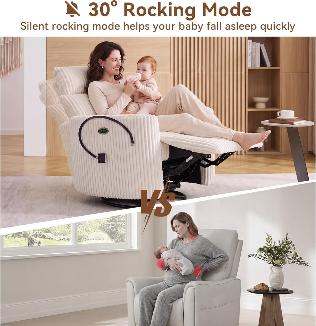 FOXHUNTER Power Nursery Rocking Chairs Glider Rocking Chair 300°Swivel Rocking Recliner with USB Charging Port and Phone Holder,Footrest,for Living Room, Corduroy, White