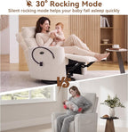 FOXHUNTER Power Nursery Rocking Chairs Glider Rocking Chair 300°Swivel Rocking Recliner with USB Charging Port and Phone Holder,Footrest,for Living Room, Corduroy, White