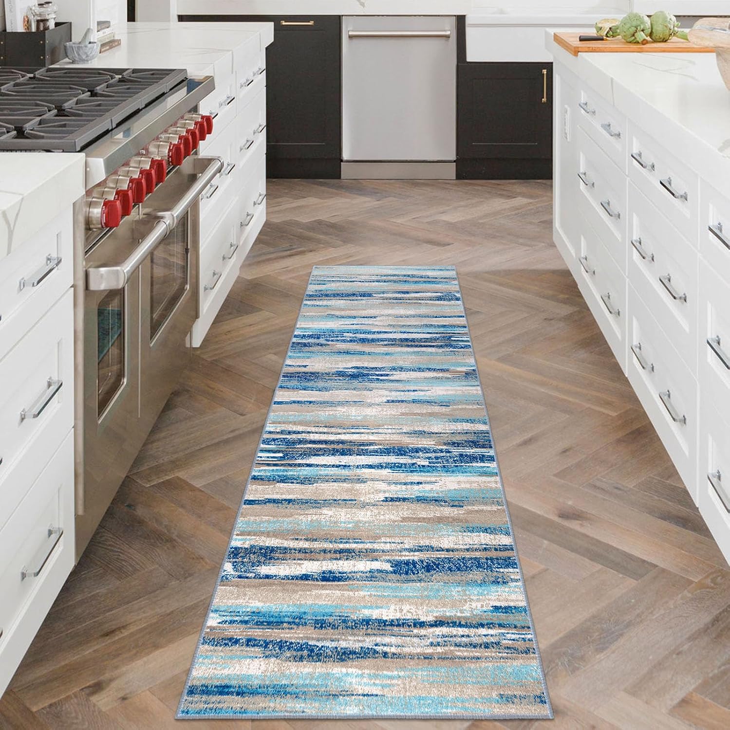 Lansny Abstract Runner Rug 2x6, Blue Washable Hallway Runner Rug Non-Slip, Soft Printed Kitchen Runner, Thin Faux Wool Runners for Hallways, Modern Floor Carpet for Entryway Bedroom Hall Indoor