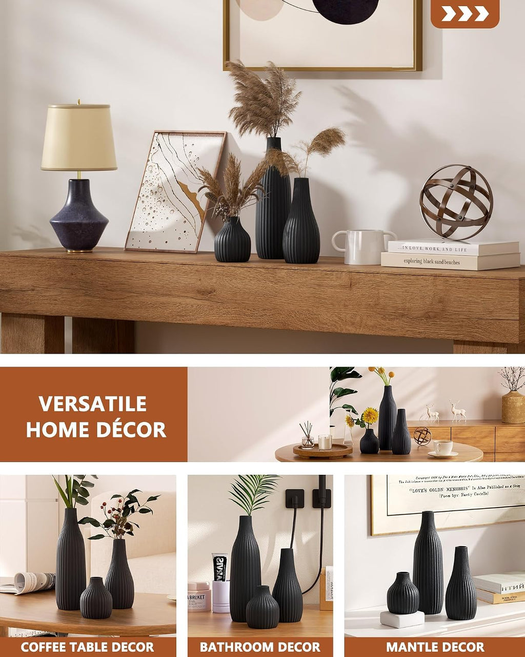 Decorative Flower Vase Set of 3 - Modern Boho Style Black Vases, Ribbed Textures Ceramic Vase for Home Decor Shelf Bookshelf Mantle TV Stand Entryway Console, Dining Table Centerpiece Decor