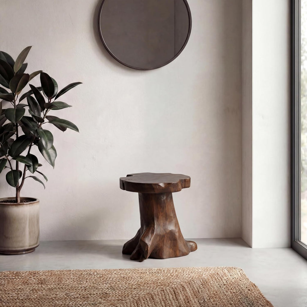 JONATHAN Y Amara Handcrafted Solid Teak Wood Live Edge Tree Stump Stool, 16" Rustic Accent Side Table and Decorative Indoor Plant Stand, Dark Brown STL3000B