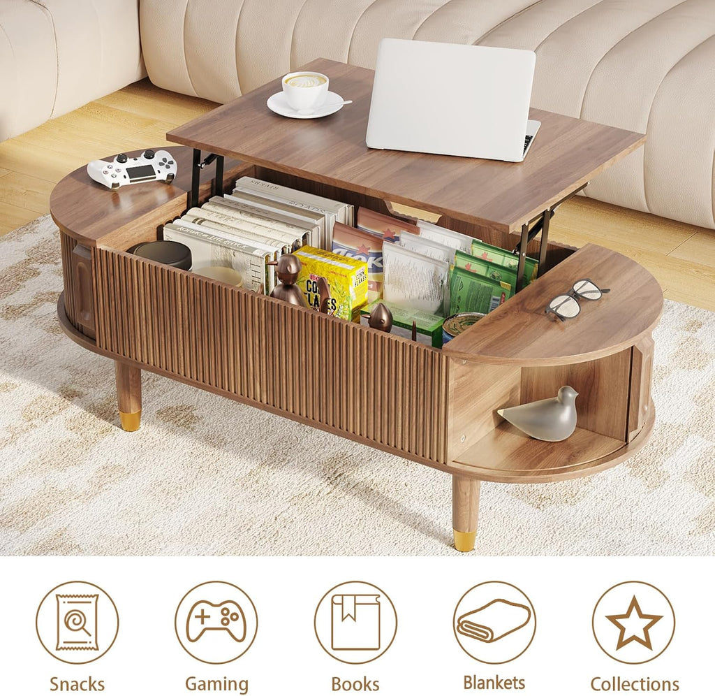 LED TV Stand and Coffee Table Set of 2, Lift Top Coffee Table with Storage, TV Console Table with Power Outlet Living Room Table Sets for Living Room, Bedroom, Home Office, Walnut
