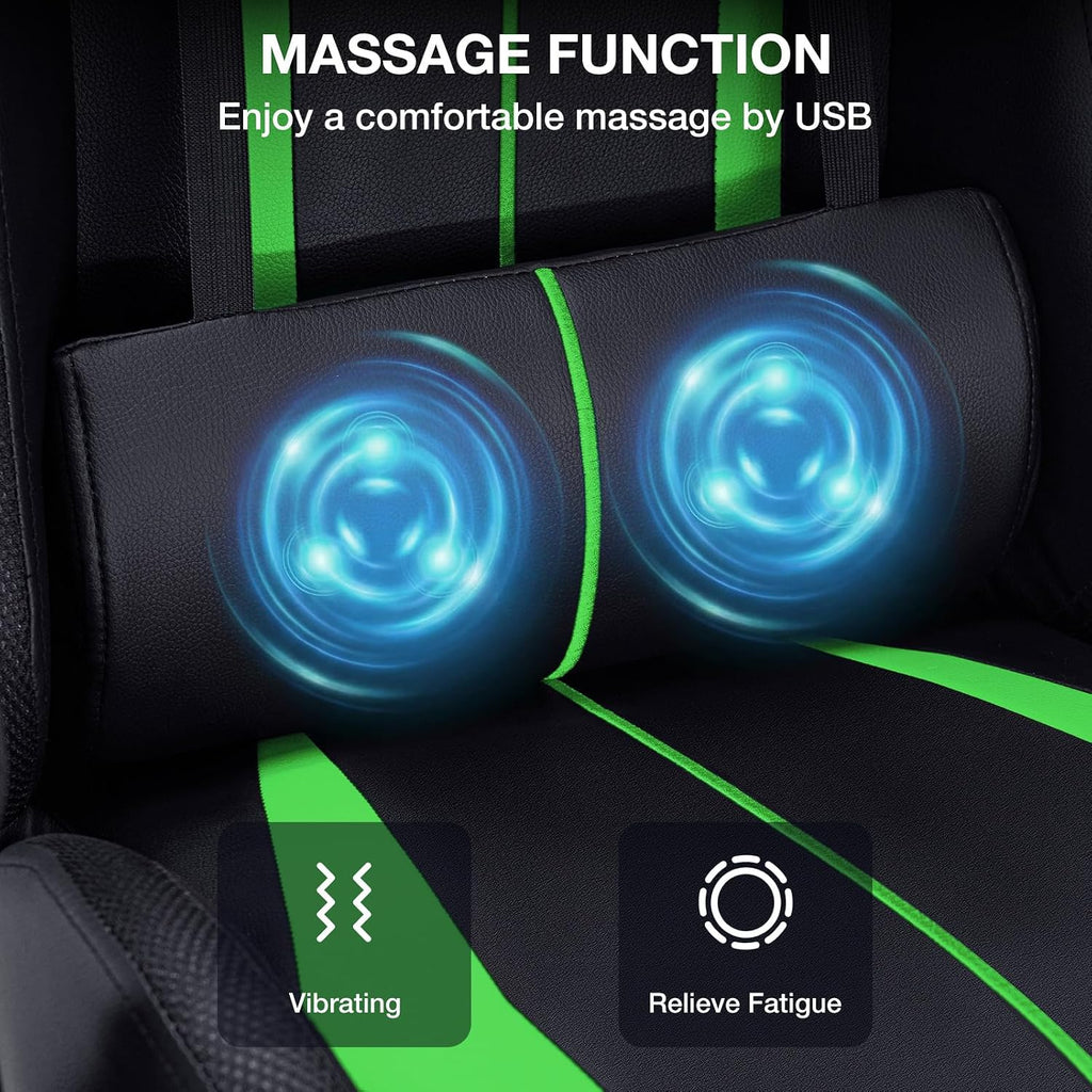 HOFFREE RGB Gaming Chair with Speakers Massage Computer Gaming Chair with LED Lights and Footrest High Back Video Game Chair for Adults Green and Black