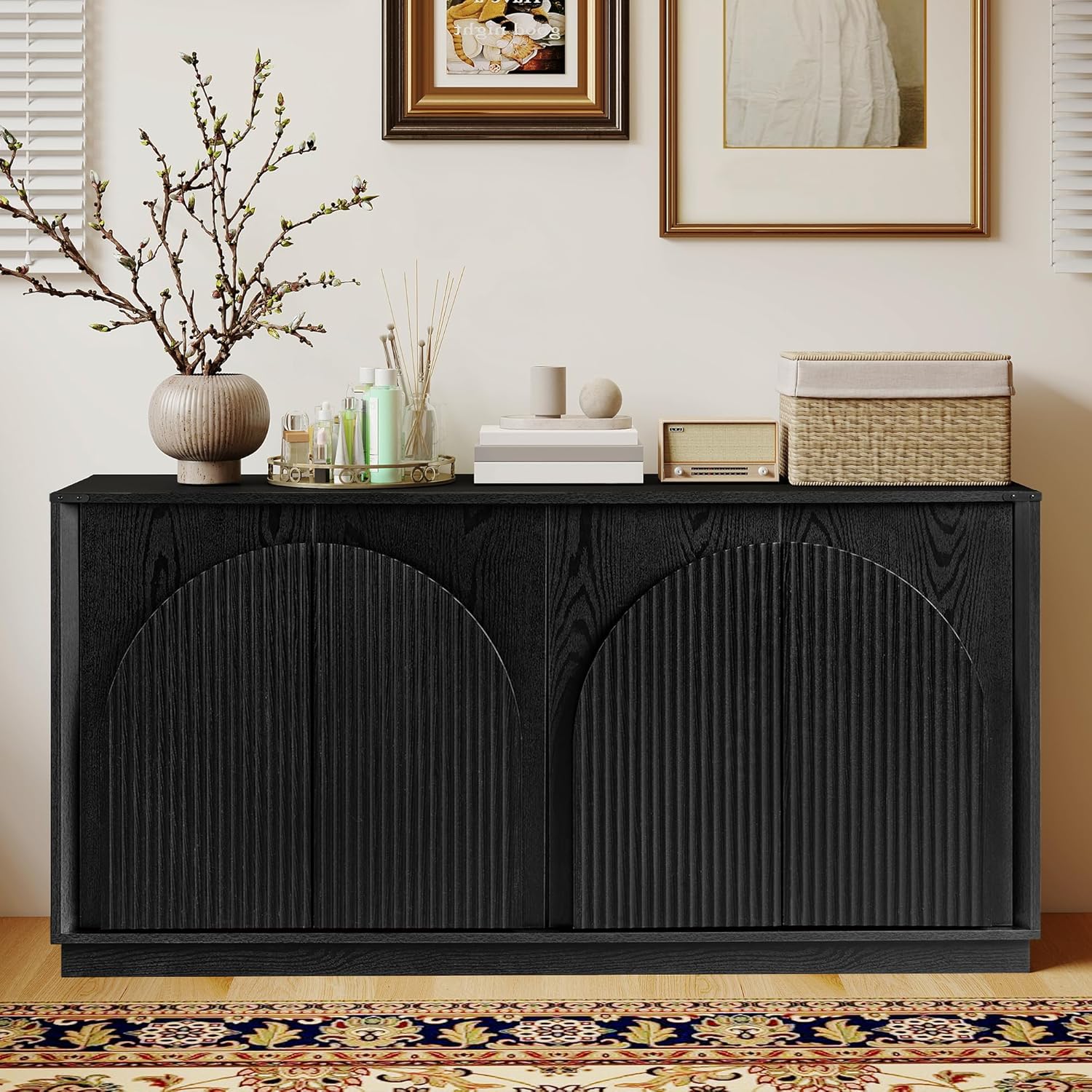 Real Relax 65 Inch Fluted Buffet Cabinet with Storage, Modern Symmetrical Arc Accent Sideboard Large Console Table for Living Room, Hallway, Entryway, 330LBS (Black)